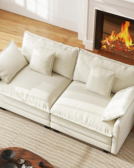 WorthFurni 77 Inch Cloud Sofa Loveseat, Comfy Sectional Couch, 2-Seater Chenille Deep Seat Sofa with Throw Pillows for Living Room Bedroom Apartment （Beige）