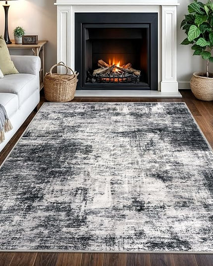IOHOUZE Modern Abstract Area Rugs 5x7 Ft Washable Rugs for Living Room, Non Slip Dining Room Rug, Printed Faux Wool Rugs for Bedroom, Floor Carpet for Office Nursery Playroom, Black Grey