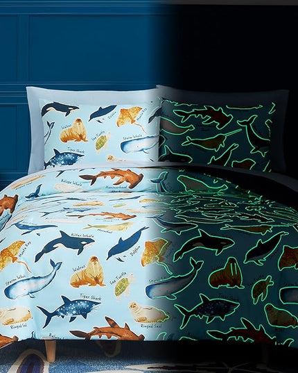 Full Size Comforter Set for Boys-7 Pieces Ocean Animals Glow in The Dark Full Bedding Sets for Kids, Ultra Soft Bed in A Bag with Sheets