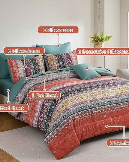 Cottolester Boho Queen Comforter Set 8 Pieces,Orange and Green Bohemian Striped Bed in a Bag,Paisley Soft Microfiber Bedding Comforter Set