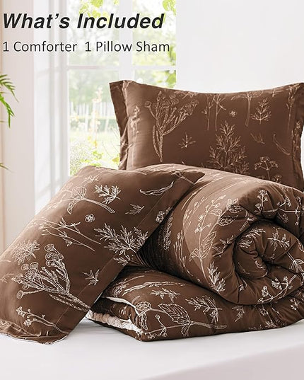 Love's cabin Chocolate Twin Comforter Set - Twin XL Size Comforter Set Dorm Bedding, 2 Pieces Cute Floral Bedding, Reversible Flowers Comforter, 1 Comforter & 1 Pillow Sham