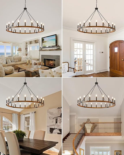 HHR 48 Inch Wood Wagon Wheel Chandelier 20-Light, Large Chandeliers for High Ceilings, Farmhouse Chandeliers for Dining Room, Foyer, Living Room, Entryway, Kitchen Island, E12