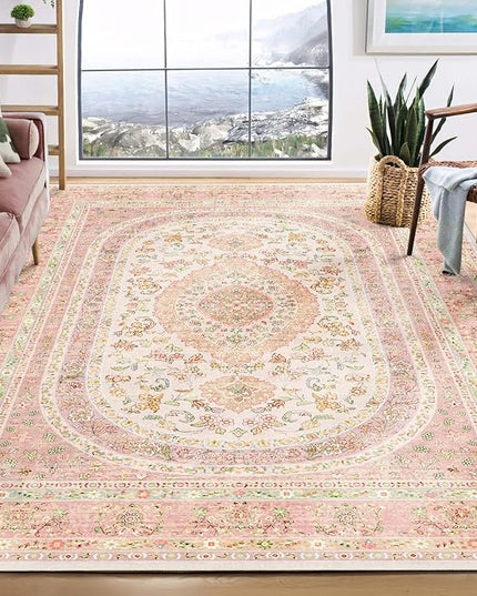 8x10 Area Rugs Washable,Pink Rug for Living Room Bedroom Dining Room,Large Boho Vintage Bohemian Distressed Farmhouse Carpet Non Slip,Blush Floral
