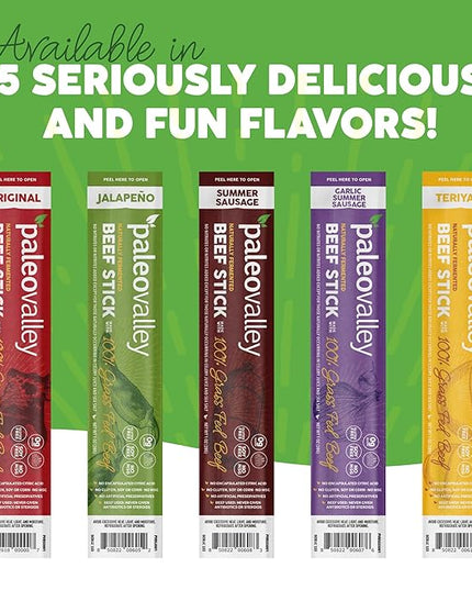 Paleovalley 100% Grass Fed Beef Sticks - Delicious Gluten Free Beef Snack - High Protein Keto Friendly, 40 Count Variety Pack