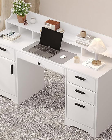Executive Desk with Hutch, 58 Inch White Computer Desk with 5 Drawers, Home Office Desk with Storage, Rustic Desk with Adjustable Shelves and Storage Cabinet for Bedroom
