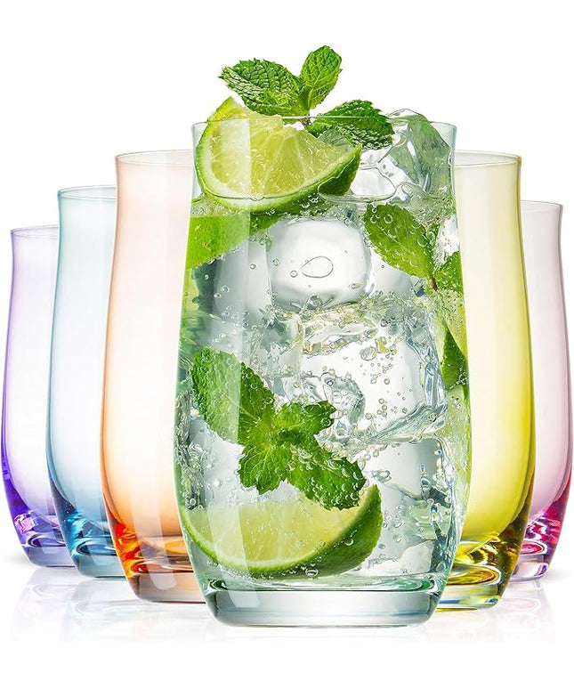 BENETI Premium Glass Cups, Highball Drinking Glasses Set of 6 | Made in Europe Water and Juice Kitchen Glassware | Colored Glasses Set, Perfect for Party's and Gifts for Men and Women of All Ages