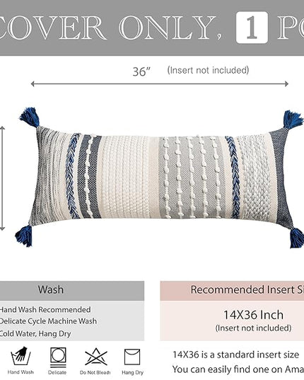 BlissBlush Navy Dark Blue Boho Decorative Lumbar Pillow Cover 14x36, Long Body Pillow for Bed, Accent Lumbar Throw Pillow for Couch, Modern Farmhouse Textured Pillowcase