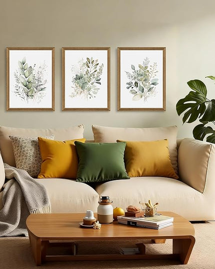 WRFON Watercolor Botanical Wall Art Set of 3 Boho Sage Green Wildflower Canvas Wall Art Prints Modern Floral Wall Decor for Bedroom Living Room Bathroom Decorations Wood Framed 12x16 Inches