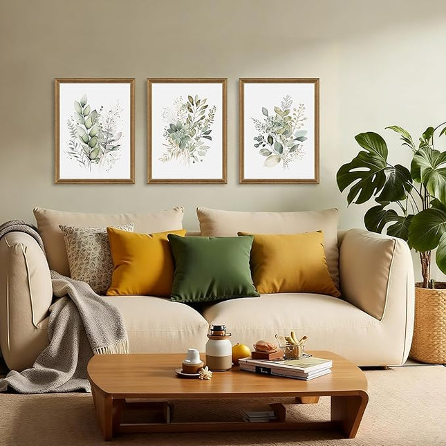 WRFON Watercolor Botanical Wall Art Set of 3 Boho Sage Green Wildflower Canvas Wall Art Prints Modern Floral Wall Decor for Bedroom Living Room Bathroom Decorations Wood Framed 16x24 Inches