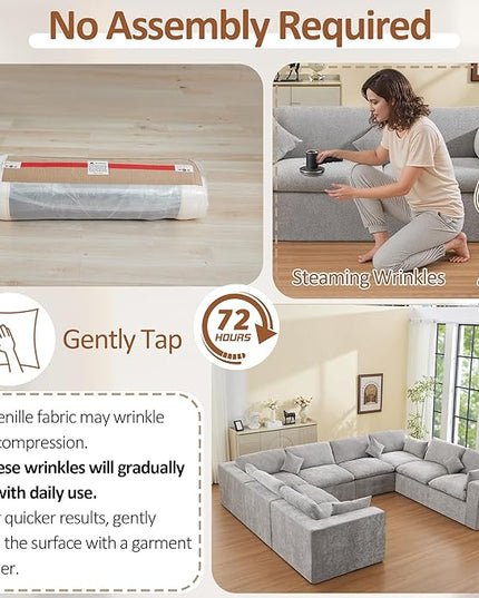 155''Cloud Boneless Sectional Couch, Modular Sectional Sofa Deep Seat, Oversized Upholstered Convertible Comfy 8 Seater Chenille Memory Foam Sofa U Shape Couches for Living Room, Light Grey