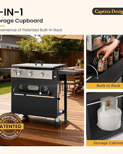 Captiva Designs 27 in Flat Top Griddle Grill with Ceramic Coated Cast Iron Pan, 3-Burner Propane Gas Griddle Grill, 33,000 BTU Output Flattop Grills for Outdoor Barbecue, Cooking and Party