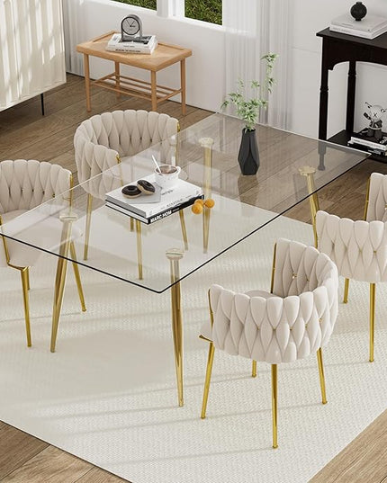 Golden Glass Dining Table Set for 4, 5 PCS Clear Glass Top Dinner Room Table Set, 63'' Modern Luxury Rectangular Kitchen Table Set with Beige Woven Chair, for Home CAF?Large Apartment