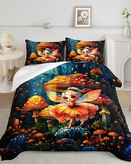 AILONEN Cartoon Butterfly Fairy Twin Size Comforter Set for Girls Kids,Mysterious Mushroom Forest Duvet Set 3Pcs,Beautiful Dancing Fairy Comforter with 2 Pillowcases