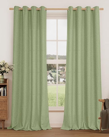 LAMIT Sage Green Linen Curtains for Living Room 84 inch Length, Spring Room Decor Linen Textured Light Filtering Curtains with Grommet for Bedroom/Farmhouse, Set of 2 Panels, W52 x L84