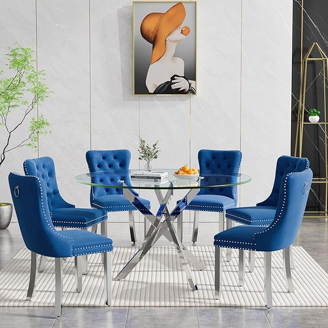 Round Glass Dining Table Set for 6, 47'' Clear Circular Kitchen Table and Chairs Set, 7PCS Modern Circle Dining Room Table Set with 6 Velvet Dining Chair for Home