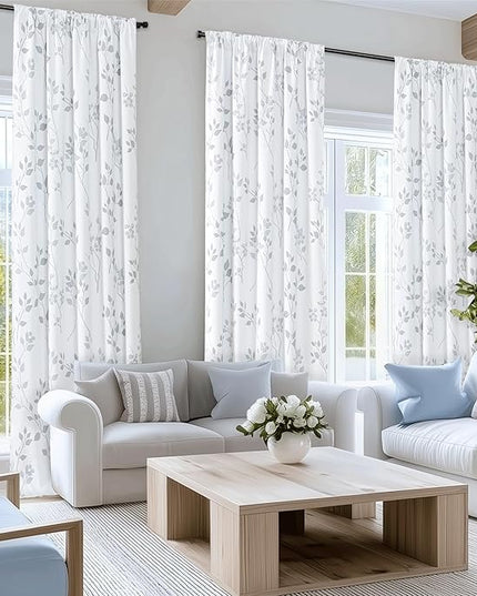 Beauoop Floral 100% Blackout Curtains 84 Inches Long 2 Panels for Bedroom Living Room Grey White Flower Patterned Room Darkening Thermal Insulated Soundproof Rod Pocket Back Tab Window Drapes, 52X84