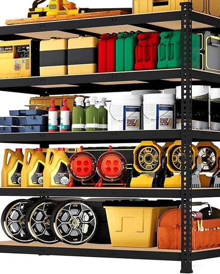 48" W x 24" D x 72" H Garage Shelving Heavy Duty - 5 Tier Metal Storage Shelves, Adjustable Shelving Unit, Utility Rack Shelf for Pantry, Warehouse, Closet, Office, Kitchen, Black