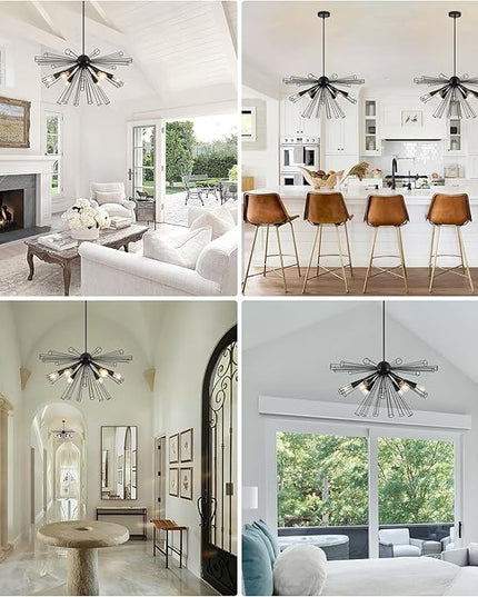 Modern 6-Light Sputnik Black Chandelier, 32.3" Starburst Light Fixture, Modern Chandelier Light Fixtures for Dining Room, Living Room, Kitchen, Foyer, Height Adjustable