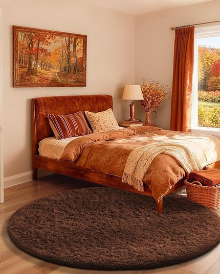 Ophanie Round Rug 4Ft Brown Circle Area Rug, Fluffy Fuzzy Small Bedroom Carpet, Plush Soft Shaggy Floor Living Room Circular Christmas Decor for Kids Boys Girls Home Aesthetic, Nursery, Classroom