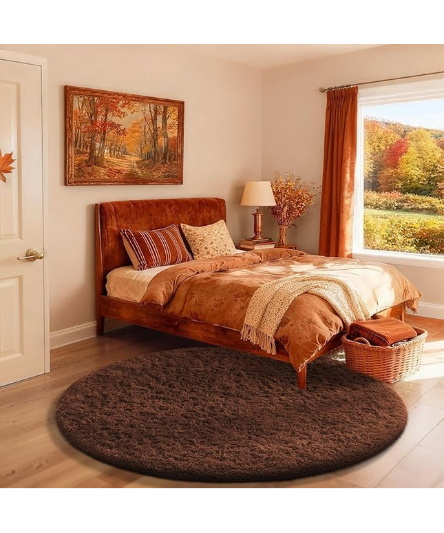 Ophanie Round Rug 4Ft Brown Circle Area Rug, Fluffy Fuzzy Small Bedroom Carpet, Plush Soft Shaggy Floor Living Room Circular Christmas Decor for Kids Boys Girls Home Aesthetic, Nursery, Classroom