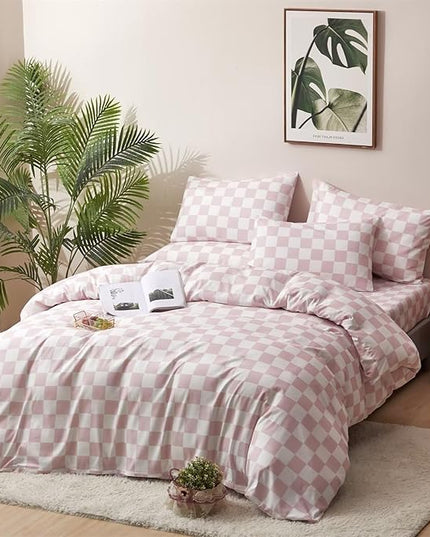 Houseri Pink White Plaid Comforter Set Cal King Light Pink Buffalo Checkered Bedding Comforter California King Baby Pink Checkerboard Bedding Sets Women Elegant Pale Pink Grid Bed Comforters Cal King