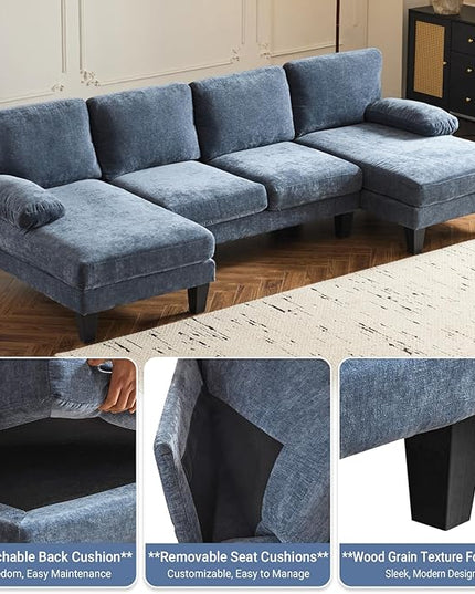 VINGLI 110" Sectional Couches for Living Room,U Shaped Couch with Double Chaise, 4-Seat Sofa Set with Corduroy Fabric for Home Furniture,Ocean Blue