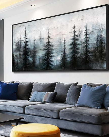 XIGUANGART Misty Forest Canvas Wall Art Nature Landscape Pictures Farmhouse Abstract Tree Watercolour Painting Wall Decor Living Room, Bedroom Home Office Decorations Artwork Black Framed Large 60x30