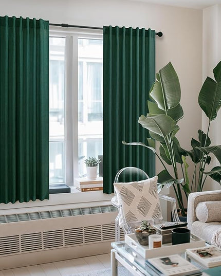 Pitalk Dark Green Curtains 63 Inch Length for Bedroom 2 Panels Back Tab Pocket Lightweight Light Filtering Semi Sheer Linen Hunter Green Curtain for Boys Room Kitchen Olive Forest Decor 52x63