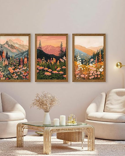 InspiredHues Large Colorful Landscape Boho Canvas Wall Art Set, 3 Piece Wildflower Mountain Wall Decor, Vintage Floral Rustic Nature Artwork Prints for Living Room Bedroom Office 20x30 In Wood Framed