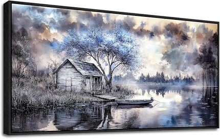 ERQINHUA Large Wall Art For Living Room Canvas Home Wall Decor For Office Bedroom Dining Room Wall Pictures Blue Tree Lakeside Landscape Painting Modern Art Print Beach Posters 24"x48" Black Frame