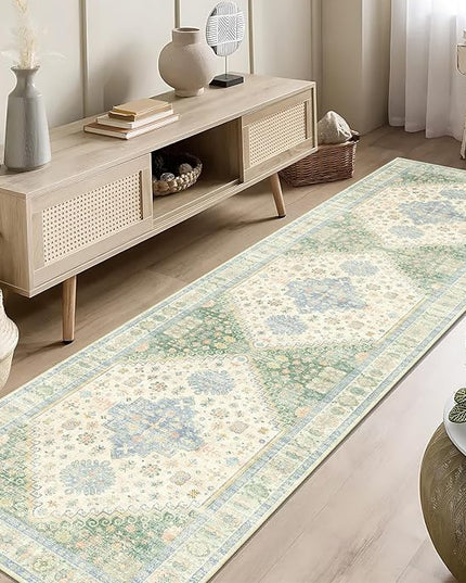 MUJOO Washable Runner Rug,2x8 Runners for Kitchen Bathroom Hallway Bedroom Entryway Laundry,Non Slip Long Mat Indoor,Boho Throw Carpet Low Pile Light Green and Blue