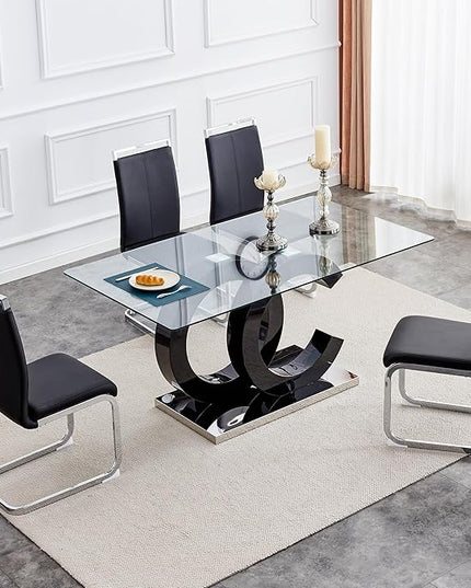 Ebullient Glass Dining Table Set for 4 ，5 Piece Dining Table and Chairs Set,Tempered Glass Top，Modern Dinner Set with 4 PU Leather Ergonomic Chairs