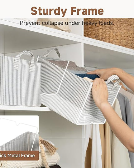StorageWorks Storage Bins, Fabric Storage Bins for Shelves, Storage Baskets with Metal Frame, Closet Baskets and Bins with Handles, Khaki and Beige Stripes, 2-Pack