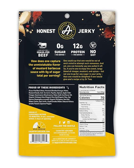 Country Archer Grass Fed Beef Jerky Mustard BBQ - Zero Sugar Beef Jerky, Sugar Free Beef Jerky Snack Pack, Mustard BBQ Beef Jerky Bulk, Individual Beef Jerky Pack, Gluten Free, Paleo- 2 oz (Pack of 6)