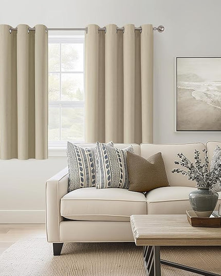 ChrisDowa 100% Blackout Tan Solid Curtains 54 Inches Long 2 Panels for Bedroom Living Room,Farmhouse Room Darkening Thermal Insulated Soundproof Grommet Top Window Treatment Drapes,52x54