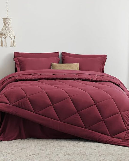 Love's cabin Full Comforter Set Burgundy, 7 Pieces Full Bed in a Bag, All Season Bedding Sets with 1 Comforter, 1 Flat Sheet, 1 Fitted Sheet, 2 Pillowcase and 2 Pillow Sham