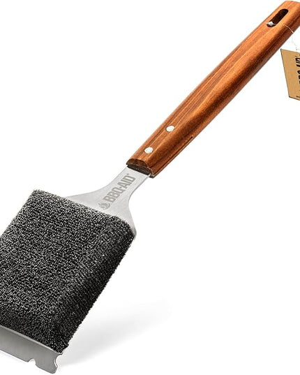 BBQ-AID Bristle Free Grill Brush and Scraper for Barbecue - Extended Large Wooden Handle with Replaceable Head - No Scratch BBQ Cleaning Accessories for Outdoor Grills