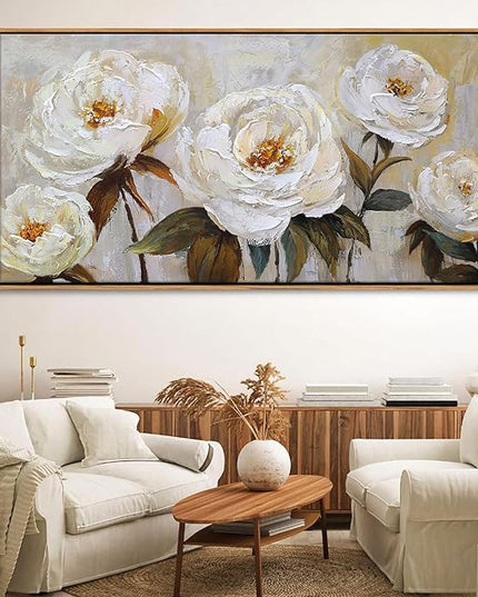 Flower Canvas Wall Art Textured Floral Picture Wall Decor White Large Elegant Painting for Living Room Modern Artwork for Home Decor Pictures for Bedroom Wall Decor 29×58IN
