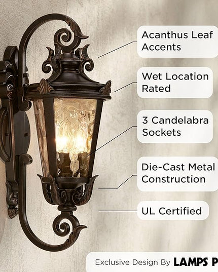 John Timberland Marseille Rustic Industrial Outdoor Wall Light Fixture Veranda Bronze Scroll 21 1/2" Champagne Hammered Glass for Exterior House Porch Patio Outside Deck Garage Front Door Home