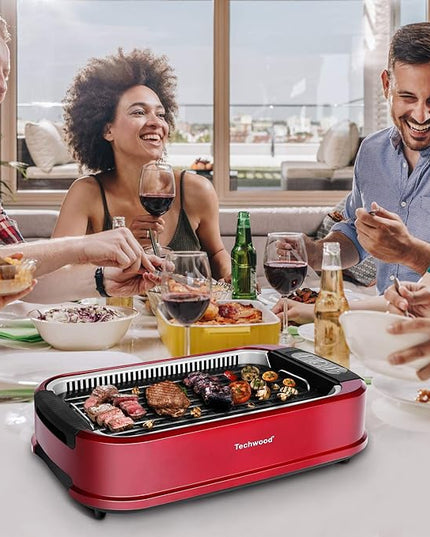 Smokeless Indoor Grill, Techwood 1500W Electric Grill Portable Korean Grill Non-Stick Grill Plates with Temperature Control, Removable Drip Tray, Tempered Glass Lid, Dishwasher-Safe