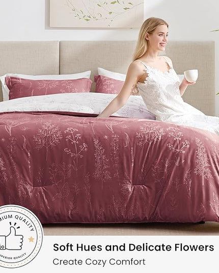 Love's cabin Vintage Rose Comforter Set King - King Size Comforter Set, 3 Pieces Cute Floral Bedding Sets for All Seasons,1 Soft Reversible Botanical Flowers Comforter and 2 Pillow Shams