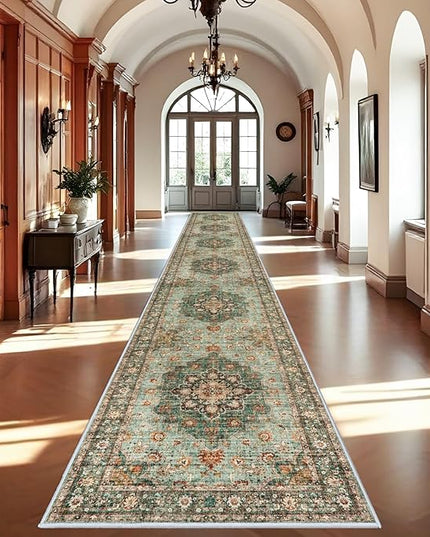 Washable Oriental Hallway Runner Rug - 3x20 Rugs for Living Room Soft Carpet for Bedroom Kitchen Waterproof Floral Distressed Indoor Stain Resistant Non-Shedding Floor Carpets (Green, 3X20)