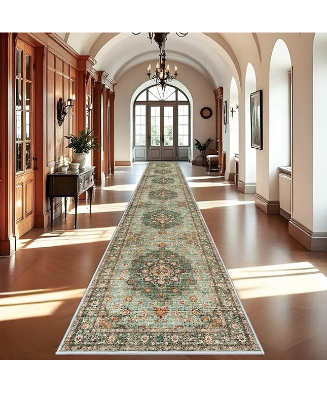 Washable Oriental Hallway Runner Rug - 3x20 Rugs for Living Room Soft Carpet for Bedroom Kitchen Waterproof Floral Distressed Indoor Stain Resistant Non-Shedding Floor Carpets (Green, 3X20)
