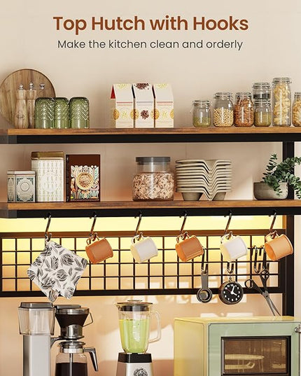 Itaar Bakers Rack with Storage and Power Outlet, 35.4 inch Coffee Bar Cabinet, Microwave Stand Kitchen Cabinet with Hutch, LED Lights, Wine Rack and Hooks, Rustic Brown Rustic Brown