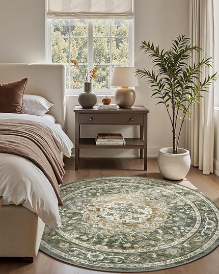 PADOOR-Vintage 6FT Round Rug-Rugs for Living Room-Soft Olive Green Circle Rug-Machine Washable Rugs for Bedroom-Non Slip Carpet-Rug for Dining Room Living Room Bedside Office
