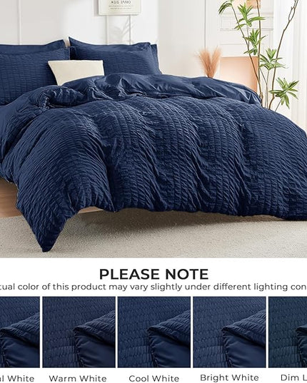 HYMOKEGE Navy Blue Twin XL Comforter Set Seersucker 5 Pieces, All Season Luxury Bed in a Bag for Bedroom, Bedding Set with Comforter, Sheets, Pillowcase & Sham