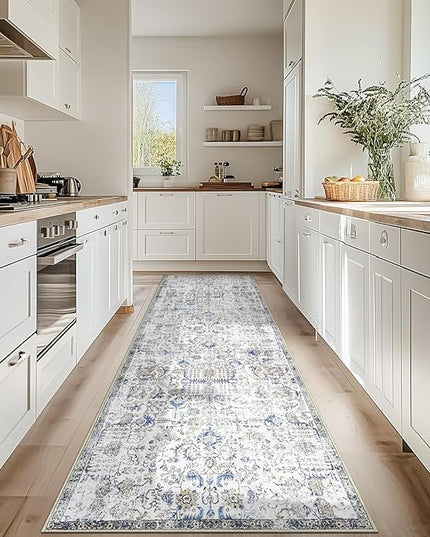 jinchan Kalen Runner Rug 3x8 Washable Hallway Rug Vintage Indoor Thin Retro Floor Cover Distressed Floral Country Lightweight Non Slip Carpet for Entryway Bathroom Bedroom Living Room Stairway Blue