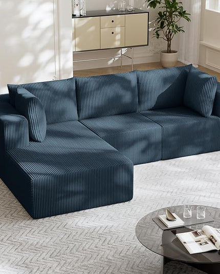 108" Boneless Couches for Living Room, Modular Cloud Couch Sofa - L Shap Corduroy Sectional Sofa, Fluffy Memory Foam Sleeper Sofa Furniture, No Assembly, Wide Armrest, Navy Blue