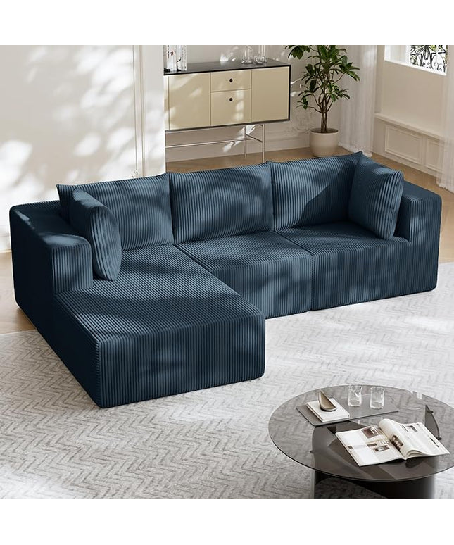 108" Boneless Couches for Living Room, Modular Cloud Couch Sofa - L Shap Corduroy Sectional Sofa, Fluffy Memory Foam Sleeper Sofa Furniture, No Assembly, Wide Armrest, Navy Blue