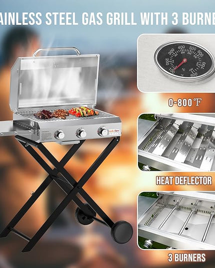 BBQ Gas Grill 3-Burner with Foldable Cart & Side Table, Portable Propane Grill with Lid for Outdoor Patio Backyard Barbecue Camping Tailgating RV Trip, Stainless Steel, GS308